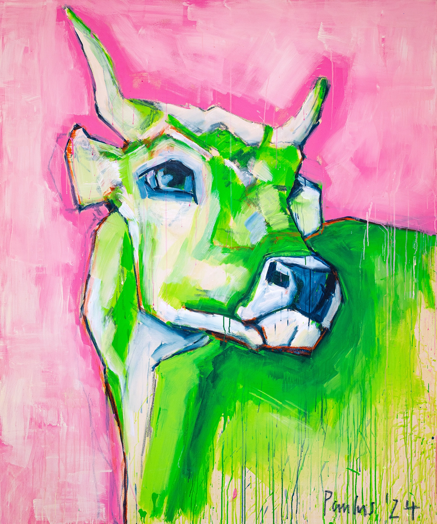 Grüne Kuh, 2024, 150cm x 180cm, Acryl auf Leinwand